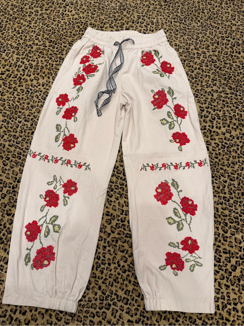 White Floral Embroidered Drawstring Pants